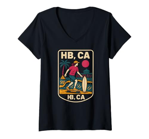 Damen Huntington Beach HB CA Retro Herren Surfen Skateboarding T-Shirt mit V-Ausschnitt von Surfs Up Huntington Beach Skateboarding Apparel