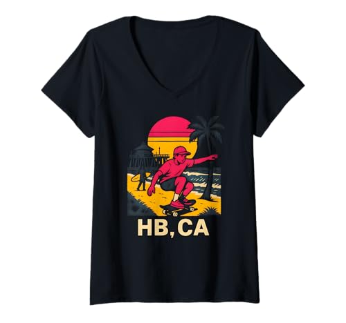 Damen Huntington Beach HB CA Retro Herren Surfen Skateboarding T-Shirt mit V-Ausschnitt von Surfs Up Huntington Beach Skateboarding Apparel