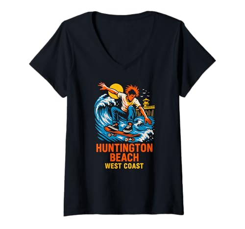 Damen Huntington Beach Surf West Coast Retro Herren Skateboarding T-Shirt mit V-Ausschnitt von Surfs Up Huntington Beach Skateboarding Apparel