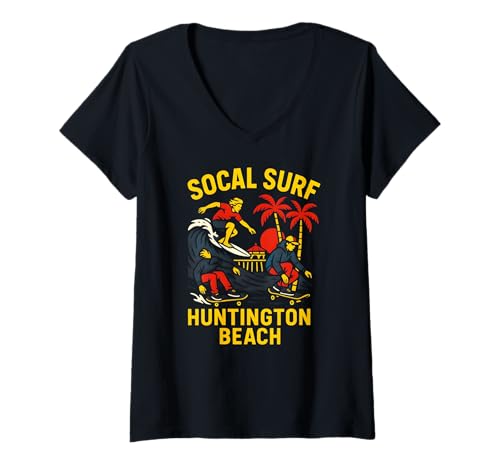 Damen SoCal Surf Huntington Beach Vintage Herren Surfs Up T-Shirt mit V-Ausschnitt von Surfs Up Huntington Beach Skateboarding Apparel