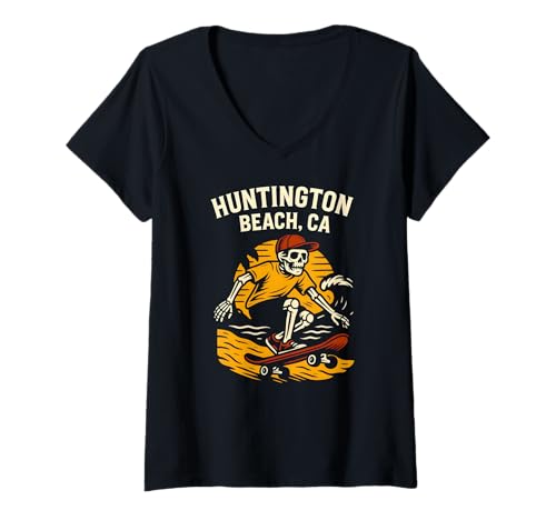 Damen Surfer Huntington Beach CA Retro Herren Surfs Up T-Shirt mit V-Ausschnitt von Surfs Up Huntington Beach Skateboarding Apparel