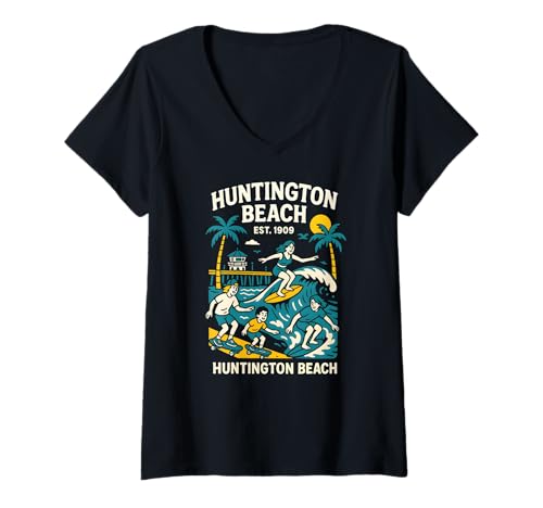 Damen Surfer Huntington Beach Est 1909 Retro Herren Coastal Living T-Shirt mit V-Ausschnitt von Surfs Up Huntington Beach Skateboarding Apparel