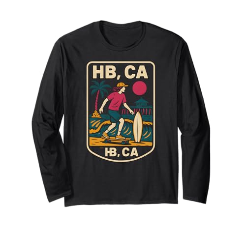 Huntington Beach HB CA Retro Herren Surfen Skateboarding Langarmshirt von Surfs Up Huntington Beach Skateboarding Apparel