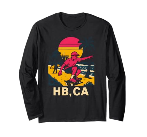 Huntington Beach HB CA Retro Herren Surfen Skateboarding Langarmshirt von Surfs Up Huntington Beach Skateboarding Apparel