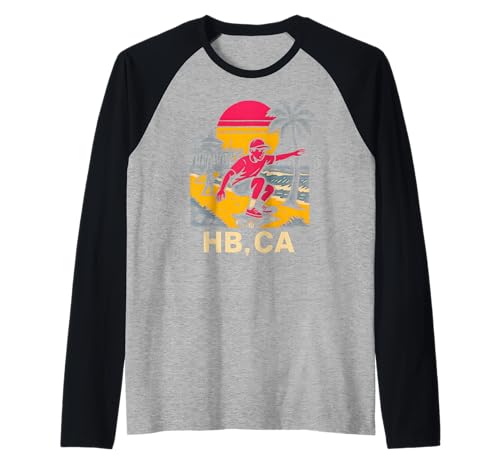 Huntington Beach HB CA Retro Herren Surfen Skateboarding Raglan von Surfs Up Huntington Beach Skateboarding Apparel
