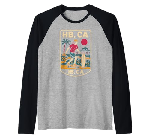 Huntington Beach HB CA Retro Herren Surfen Skateboarding Raglan von Surfs Up Huntington Beach Skateboarding Apparel