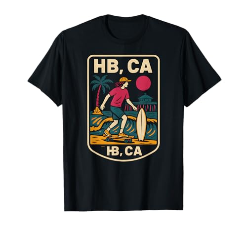 Huntington Beach HB CA Retro Herren Surfen Skateboarding T-Shirt von Surfs Up Huntington Beach Skateboarding Apparel