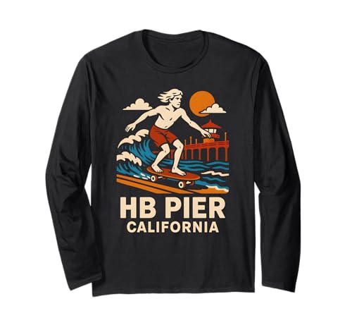 Huntington Beach Surf HB Pier California Vintage Herren Strand Langarmshirt von Surfs Up Huntington Beach Skateboarding Apparel
