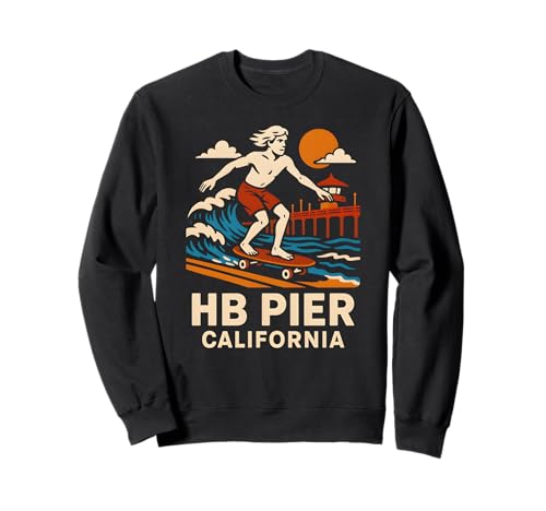 Huntington Beach Surf HB Pier California Vintage Herren Strand Sweatshirt von Surfs Up Huntington Beach Skateboarding Apparel