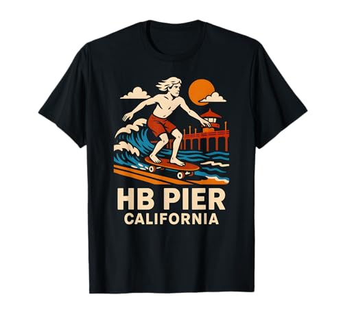 Huntington Beach Surf HB Pier California Vintage Herren Strand T-Shirt von Surfs Up Huntington Beach Skateboarding Apparel