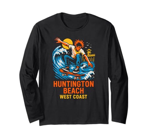 Huntington Beach Surf West Coast Retro Herren Skateboarding Langarmshirt von Surfs Up Huntington Beach Skateboarding Apparel