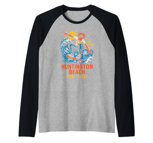 Huntington Beach Surf West Coast Retro Herren Skateboarding Raglan von Surfs Up Huntington Beach Skateboarding Apparel