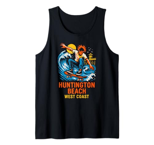 Huntington Beach Surf West Coast Retro Herren Skateboarding Tank Top von Surfs Up Huntington Beach Skateboarding Apparel
