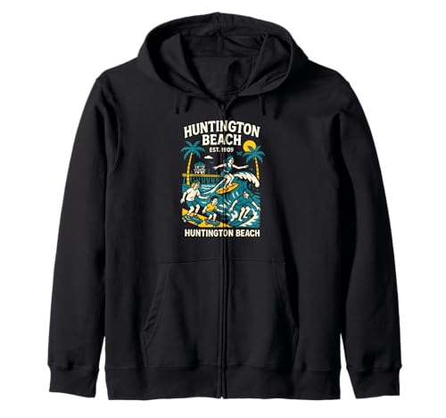Surfer Huntington Beach Est 1909 Retro Herren Coastal Living Kapuzenjacke von Surfs Up Huntington Beach Skateboarding Apparel