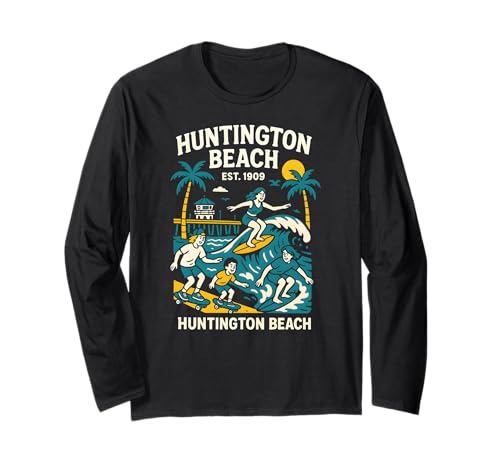 Surfer Huntington Beach Est 1909 Retro Herren Coastal Living Langarmshirt von Surfs Up Huntington Beach Skateboarding Apparel