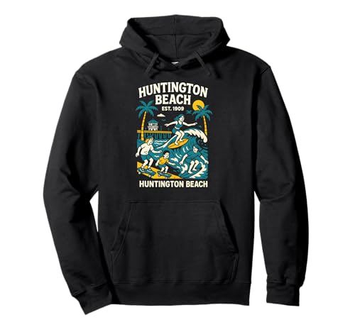 Surfer Huntington Beach Est 1909 Retro Herren Coastal Living Pullover Hoodie von Surfs Up Huntington Beach Skateboarding Apparel