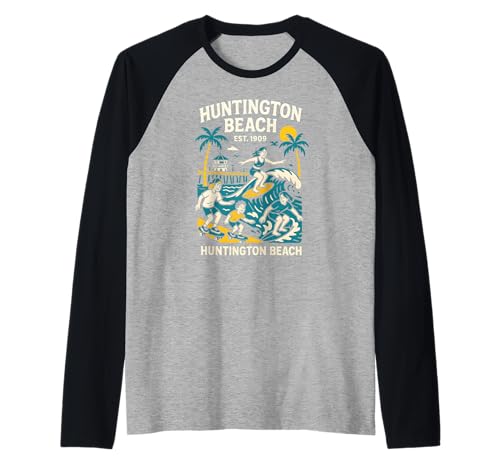 Surfer Huntington Beach Est 1909 Retro Herren Coastal Living Raglan von Surfs Up Huntington Beach Skateboarding Apparel