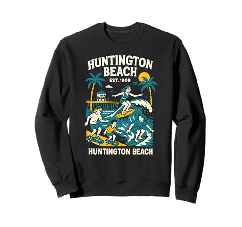 Surfer Huntington Beach Est 1909 Retro Herren Coastal Living Sweatshirt von Surfs Up Huntington Beach Skateboarding Apparel