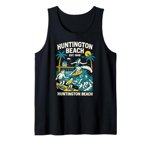 Surfer Huntington Beach Est 1909 Retro Herren Coastal Living Tank Top von Surfs Up Huntington Beach Skateboarding Apparel