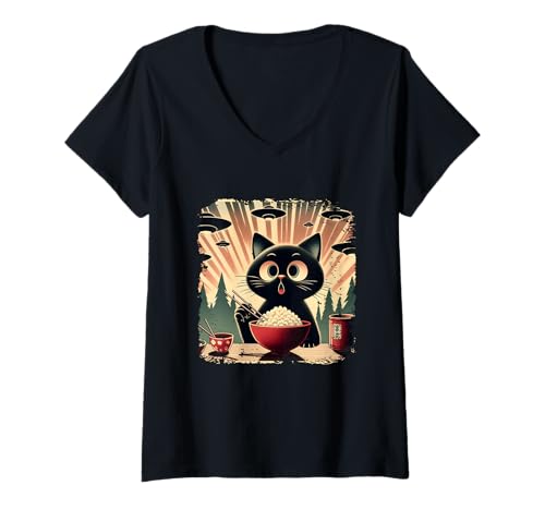 Damen Überraschte Schwarze Katze, die Reis isst, während UFO in Retro Japan eindringt T-Shirt mit V-Ausschnitt Damen Überraschte Schwarze Katze, die Reis isst, während UFO in Retro Japan eindringt T-Shirt mit V-Ausschnitt von Surprised Black Cat Eating Rice While Ufo