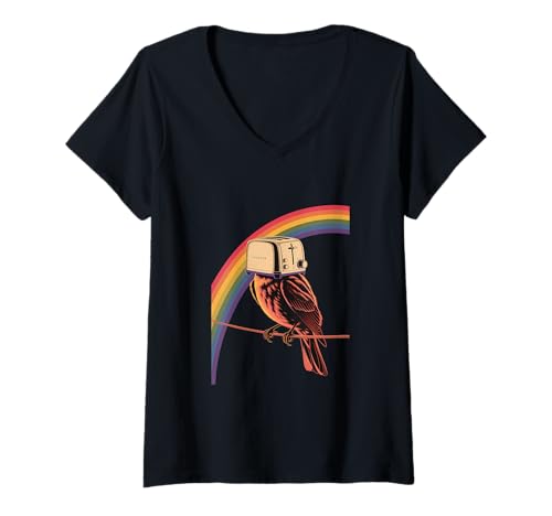 Damen Surreal Toaster Vogel - Absurd Rainbow Headline Kreatur Kunst T-Shirt mit V-Ausschnitt Damen Surreal Toaster Vogel - Absurd Rainbow Headline Kreatur Kunst T-Shirt mit V-Ausschnitt von Surreal Avian Appliance Absurdity Apparel