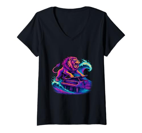 Damen Surreal Lion Surfing Piano Wave T-Shirt mit V-Ausschnitt Damen Surreal Lion Surfing Piano Wave T-Shirt mit V-Ausschnitt von Surreal Music Surf Designs
