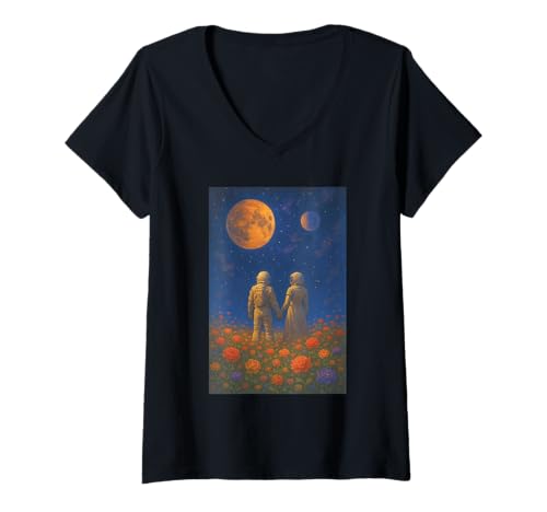 Damen Romantisches Astronautenpaar im Blumenfeld Grafik T-Shirt mit V-Ausschnitt von Surreal Space Love Art tee, Galaxy Moon Stars