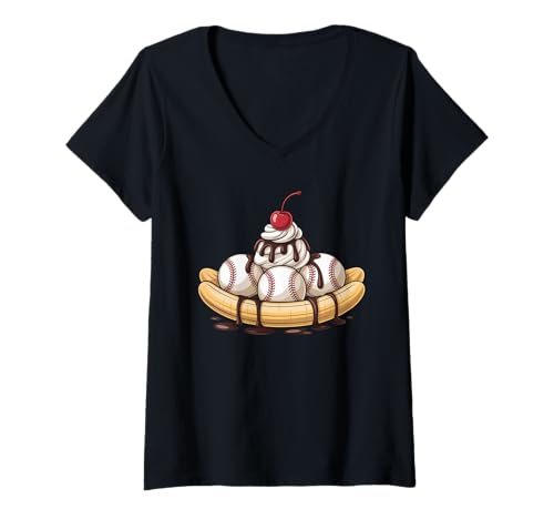 Damen Baseball Split Banana Lustiger Baseballspieler Dessert Humor T-Shirt mit V-Ausschnitt Damen Baseball Split Banana Lustiger Baseballspieler Dessert Humor T-Shirt mit V-Ausschnitt von Surreal Sports Snacks