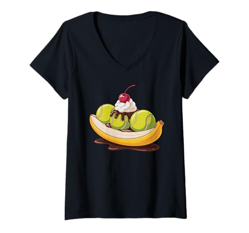 Damen Tennisball Split Banane Lustiger Tennisspieler Dessert Humor T-Shirt mit V-Ausschnitt Damen Tennisball Split Banane Lustiger Tennisspieler Dessert Humor T-Shirt mit V-Ausschnitt von Surreal Sports Snacks