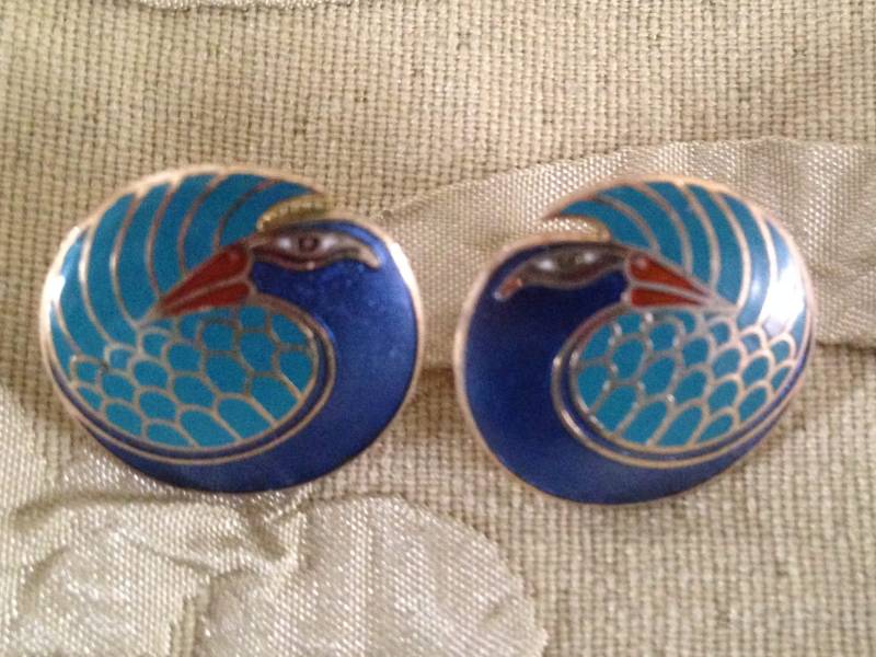 Laurel Burch Ohrringe Mynah Vogel Cloisonne Ohrstecker Post Back Vintage Schmuck 1980Er Jahre Kobalt Blau Türkis Orange Gold von SurrenderDorothy