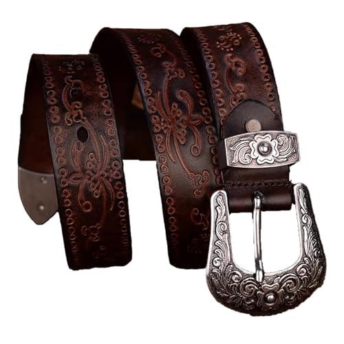 Surrycee Extra langer Western-Gürtel (105–150 cm) aus echtem Leder für Herren/Damen – Cowboy-Cowgirl-Gürtel mit Blumenprägung und großer Vintage-Schnalle – 35 mm breit,Kaffee,130cm/waist:44"~46" von Surrycee