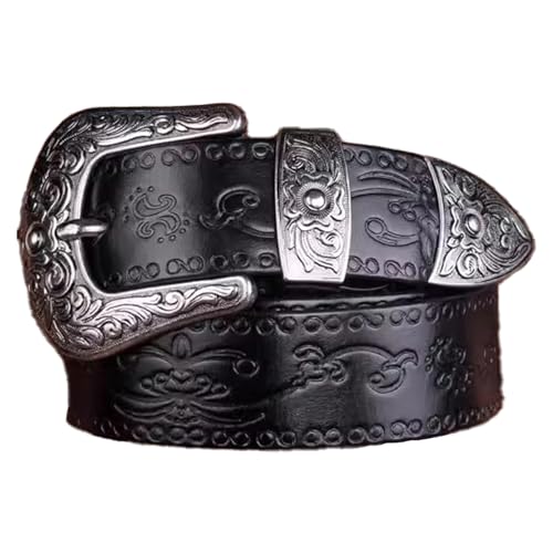 Surrycee Extra langer Western-Gürtel (105–150 cm) aus echtem Leder für Herren/Damen – Cowboy-Cowgirl-Gürtel mit Blumenprägung und großer Vintage-Schnalle – 35 mm breit,Schwarz,130cm/waist:44"~46" von Surrycee