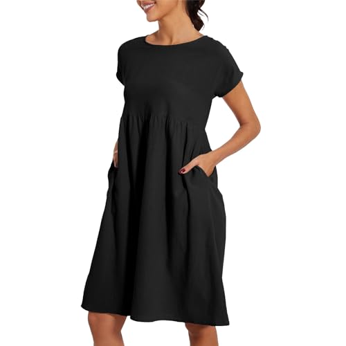 Amazon Sommerkleider，Sommerkleid Damen Leicht Und Luftig Leinenkleid Kurzarm Strandkleid Rundhalsausschnitt Freizeitkleid Mit Taschen Musselin Kleid Midikleid Einfarbig Große Größen S-5XL von Surttan