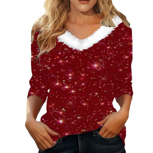 Black Friday Angebote 2024, Weihnachtspullover Damen Lustig Elegant V-Ausschnitt Flauschige Weihnachtsbluse Mit Weinglas Druck Casual Langarm Weihnachtshemd Hässliche Weihnachtspulli Weihnachts von Surttan