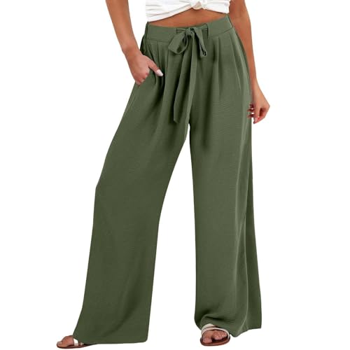 Surttan Sommerhose Damen Leichte Große Größe Boho Freizeit Hose Lang Locker Sommer Strandhose Elegant Weitem Bein Hosen Weich Bequem Stoffhose Leicht Strandhosen mit Kordelzug Gerade Hose für Frauen von Surttan