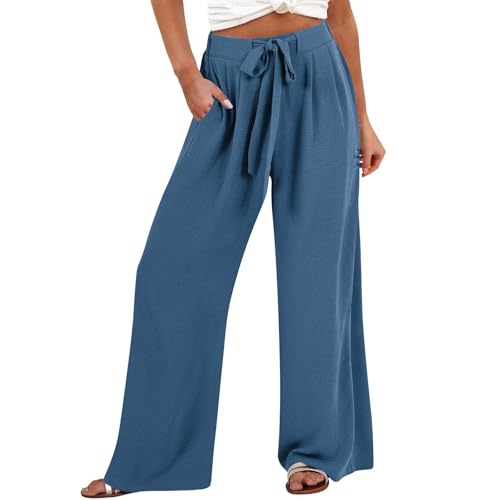Damen Stoffhose,Sommerhose Damen Leichte Große Größe Boho Freizeit Hose Lang Locker Sommer Strandhose Elegant Weitem Bein Hosen Weich Bequem Stoffhose Strandhosen mit Kordelzug Gerade Hose für Frauen von Surttan