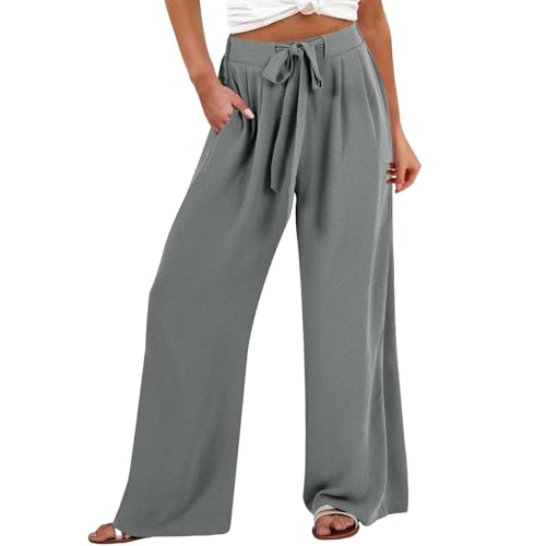Surttan Sommerhose Damen Leichte Große Größe Boho Freizeit Hose Lang Locker Sommer Strandhose Elegant Weitem Bein Hosen Weich Bequem Stoffhose Leicht Strandhosen mit Kordelzug Gerade Hose für Frauen von Surttan