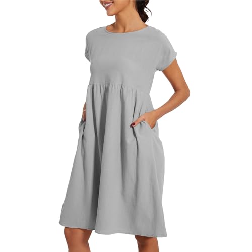 Freizeitkleider Damen Sommer，Sommerkleid Damen Leicht Und Luftig Leinenkleid Kurzarm Strandkleid Rundhalsausschnitt Freizeitkleid Mit Taschen Musselin Kleid Midikleid Einfarbig Große Größen S-5XL von Surttan