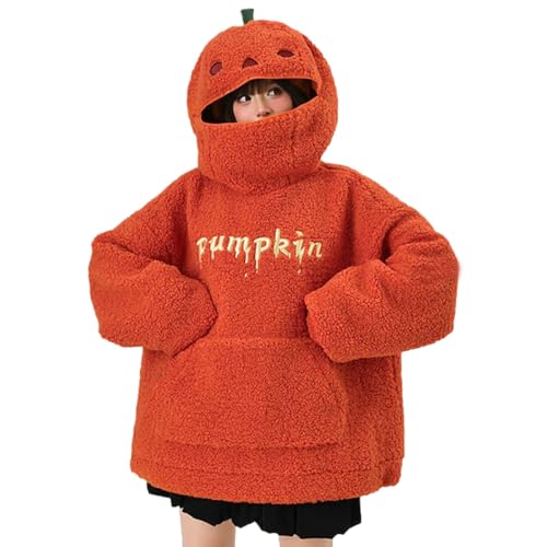 Halloween Pulli Damen Süß Kürbis Kapuzenpullover Flauschpullover Thermo Teddy Plüschjacke Casual Herbstpulli Fashion Pumpkin Hoodies Kawaii Kapuzenpulli Karneval Fleecepulli Orange Oberteile von Surttan