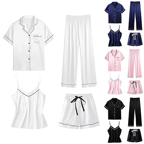 Hello Kitty Pyjama Hose Xs，Kurz 4 Teiliges Kurzarm Schlafanzug Nachtwäsche Cami Und Shorts Set Frauen Silk Pjs Sets Hemd Und Shorts Lange Hose Kuschel Pijamas Set Elegant Hausanzug Loungewear von Surttan