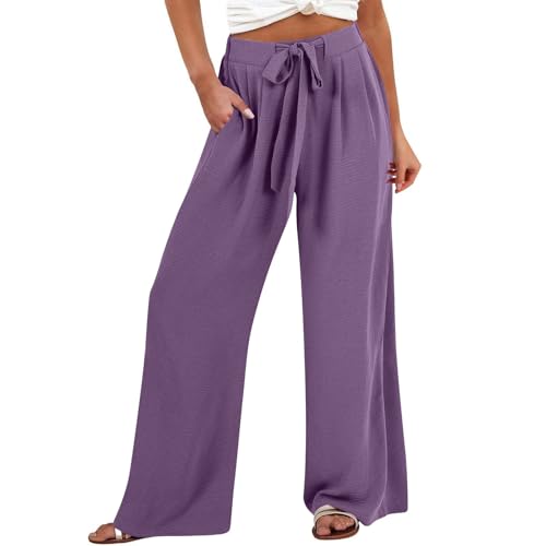Hose Damen,Sommerhose Damen Leichte Große Größe Boho Freizeit Hose Lang Locker Sommer Strandhose Elegant Weitem Bein Hosen Weich Bequem Stoffhose Strandhosen mit Kordelzug Gerade Hose für Frauen von Surttan