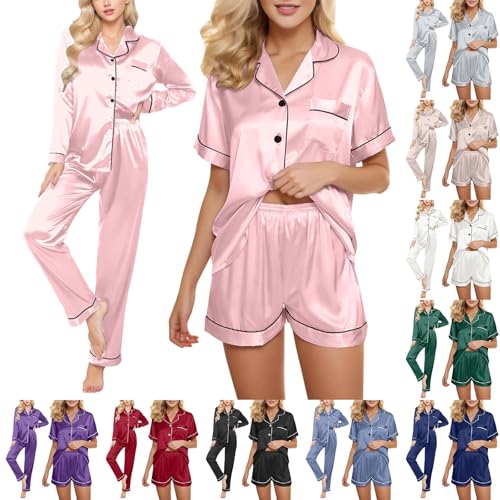 Hunkemöller Pyjama，Kurz 4 Teiliges Kurzarm Schlafanzug Nachtwäsche Cami Und Shorts Set Frauen Silk Pjs Sets Hemd Und Shorts Lange Hose Kuschel Pijamas Set Elegant Damenschlafanzug Hausanzug Loungewear von Surttan