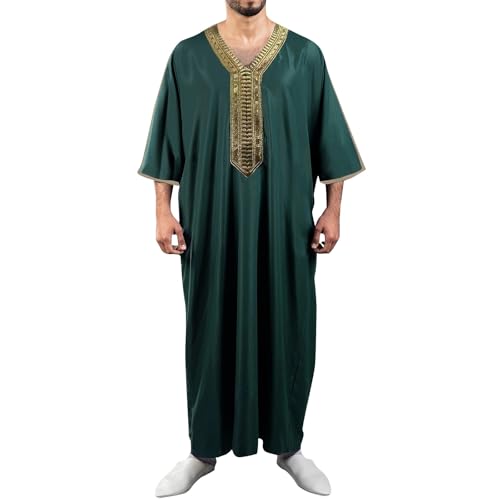 Kaftan Herren Baumwolle Leinen Muslim Kleidung Kurzarm V-Ausschnitt Islamische Robe Seite Split Einfarbig Kaftan Lang Universal Fit Abaya mit Taschen Gebetskleidung Eid Roben Araber Saudi Outfit von Surttan