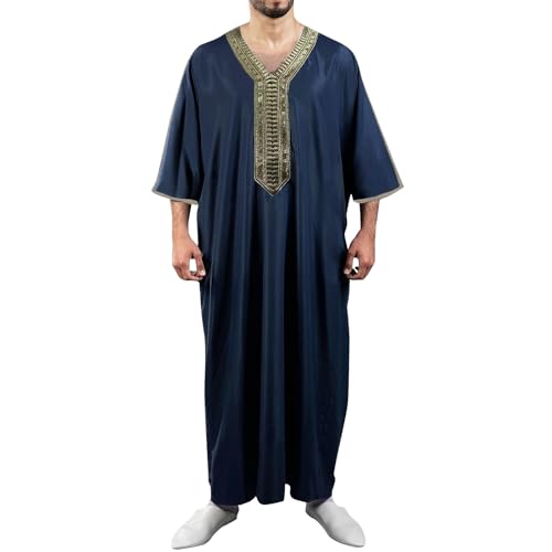 Kaftan Herren Baumwolle Leinen Muslim Kleidung Kurzarm V-Ausschnitt Islamische Robe Seite Split Einfarbig Kaftan Lang Universal Fit Abaya mit Taschen Gebetskleidung Eid Roben Araber Saudi Outfit von Surttan