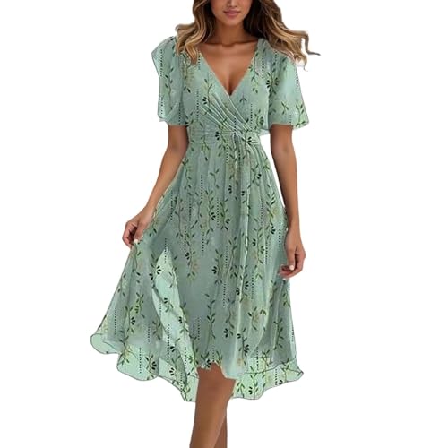 Abendkleider Damen Lang Mit Gürtel A-Linien Kleid V Ausschnitt Maxikleid Sommer Blumen Sommerkleider Leicht Und Luftig Curvy Strandkleid von Surttan