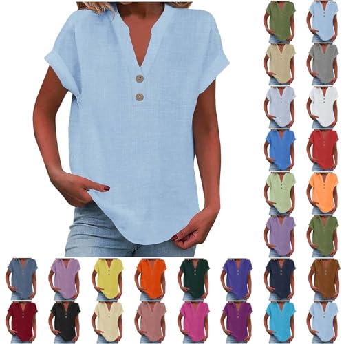 Leinenbluse Damen Elegante Kurzarm Baumwolle Leinen Tshirt Leinenshirt Oversized Lässiges Musselin Oberteile Button Down Hemdbluse Tunika Top Sommer von Surttan