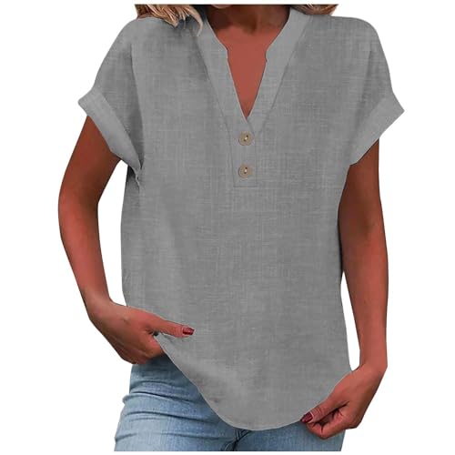 Leinenbluse Damen Elegante Kurzarm Baumwolle Leinen Tshirt Leinenshirt Oversized Lässiges Musselin Oberteile Button Down Hemdbluse Tunika Top Sommer von Surttan