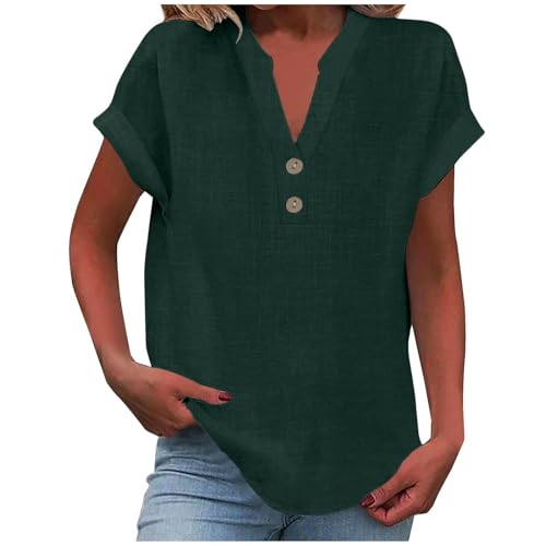 Letzte Bestellung,Leinenbluse Damen Elegante Kurzarm Baumwolle Leinen Tshirt Leinenshirt Oversized Lässiges Musselin Oberteile Button Down Hemdbluse Tunika Top Sommer von Surttan