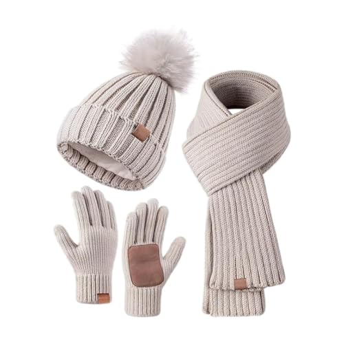 Mütze Damen,Mütze, Wintermütze Schal Touchscreen Handschuhe Set Thermo Beanie Strickmütze mit Bommel Fleece Gefütterte Warme Strickhandschuhe Langer Schal Mütze Wolle 3 in 1 Set von Surttan