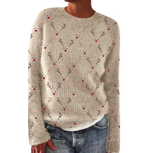 Norweger Pullover Damen Winter Warm Kaschmir Pullover Winterpullover Elegant Rundhals Langarm Bunte Strickpullover Casual mit Aufdruck Gestrickte Pulli Mode Bequem Oversize Wollpullover Fleecepullover von Surttan
